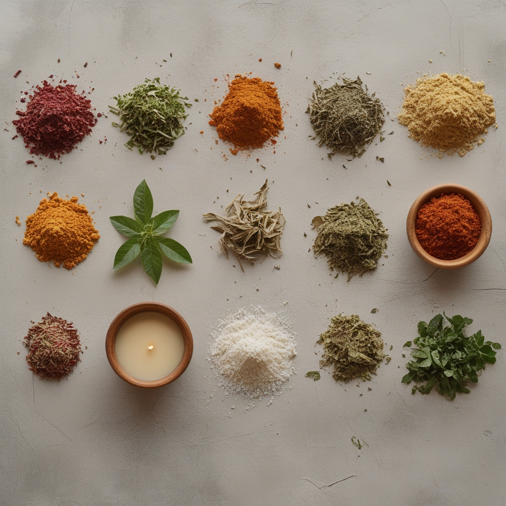 Berbagai bahan ramuan Ayurveda tradisional India: rempah-rempah berwarna-warni dalam mangkuk kecil dari tanah liat, daun segar, dan akar herbal di atas permukaan kayu tua