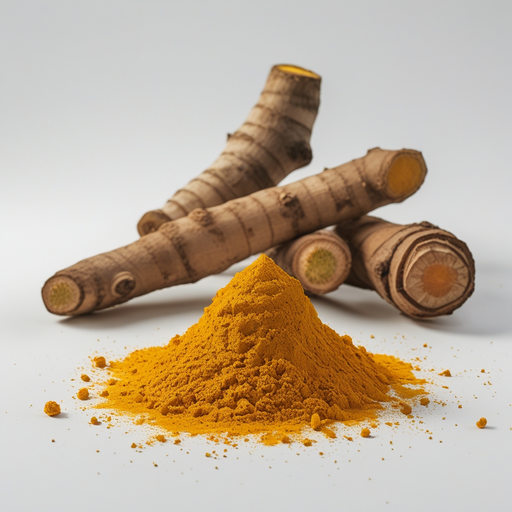 Rimpang kunyit segar berwarna oranye cerah, dipotong menjadi beberapa bagian untuk memperlihatkan warna dalamnya, ditaburi bubuk kunyit kuning keemasan di atas permukaan kayu