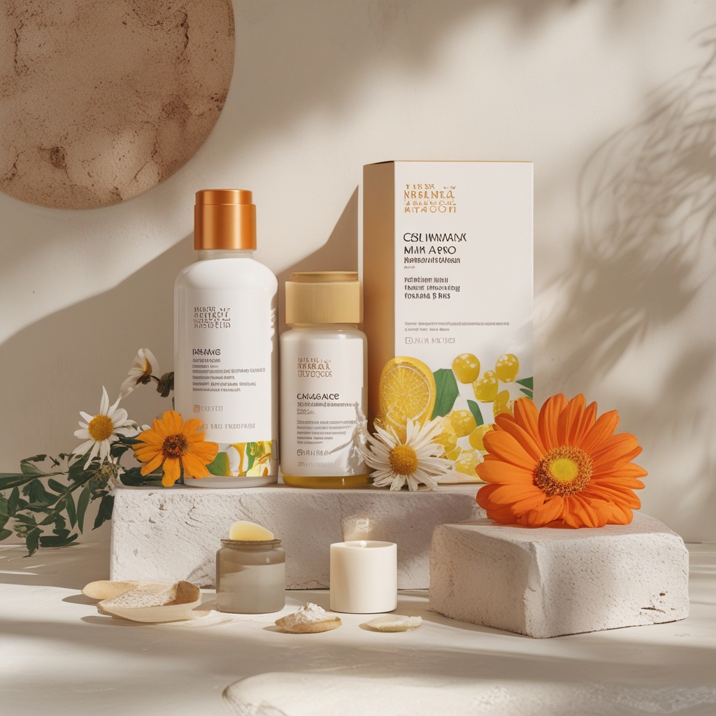 Koleksi bahan perawatan kulit alami di atas permukaan marmer putih: botol minyak argan, potongan lidah buaya segar berwarna hijau bening, kacang shea, dan bunga chamomile kering